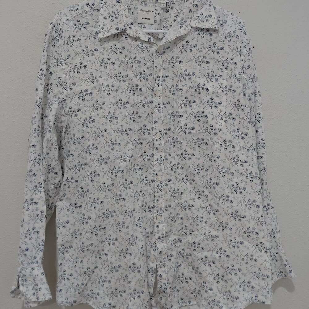 Baird Mcnutt Mens Linen Floral Button Up Blouse Shirt Small Blue White